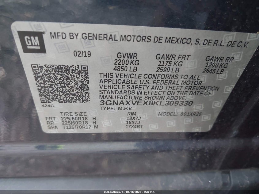 2019 CHEVROLET EQUINOX VIN: 3GNAXVEX8KL309330