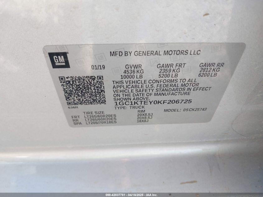 2019 Chevrolet Silverado 2500Hd Ltz VIN: 1GC1KTEY0KF206725 Lot: 42037781
