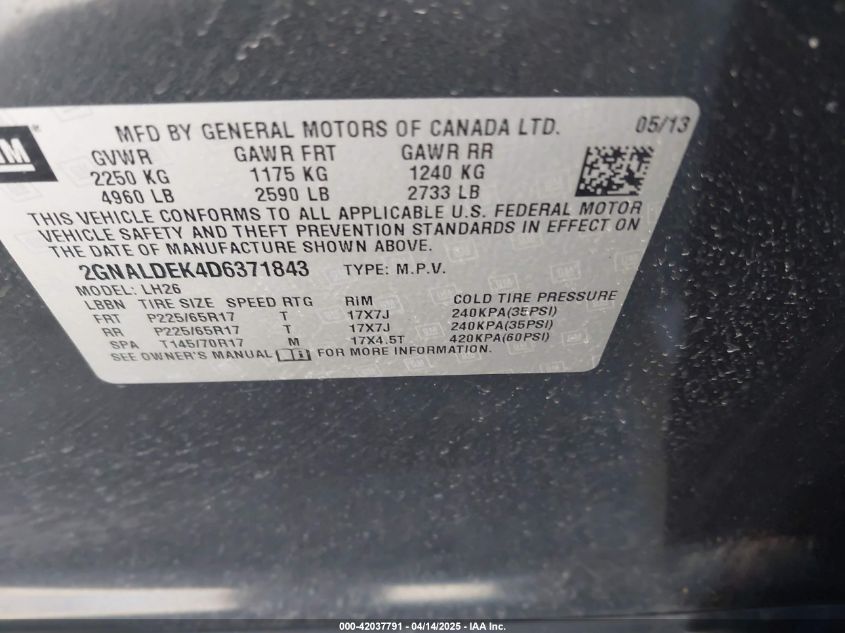 2013 Chevrolet Equinox 1Lt VIN: 2GNALDEK4D6371843 Lot: 42037791