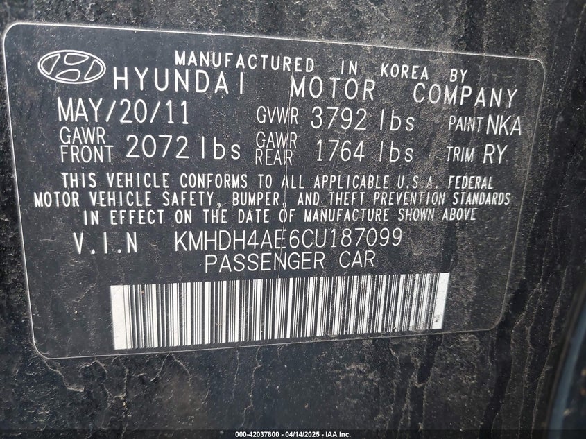 2012 HYUNDAI ELANTRA VIN: KMHDH4AE6CU187099