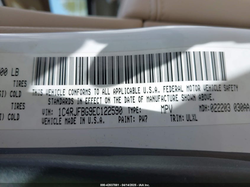 2014 JEEP GRAND CHEROKEE VIN: 1C4RJFBG9EC122590