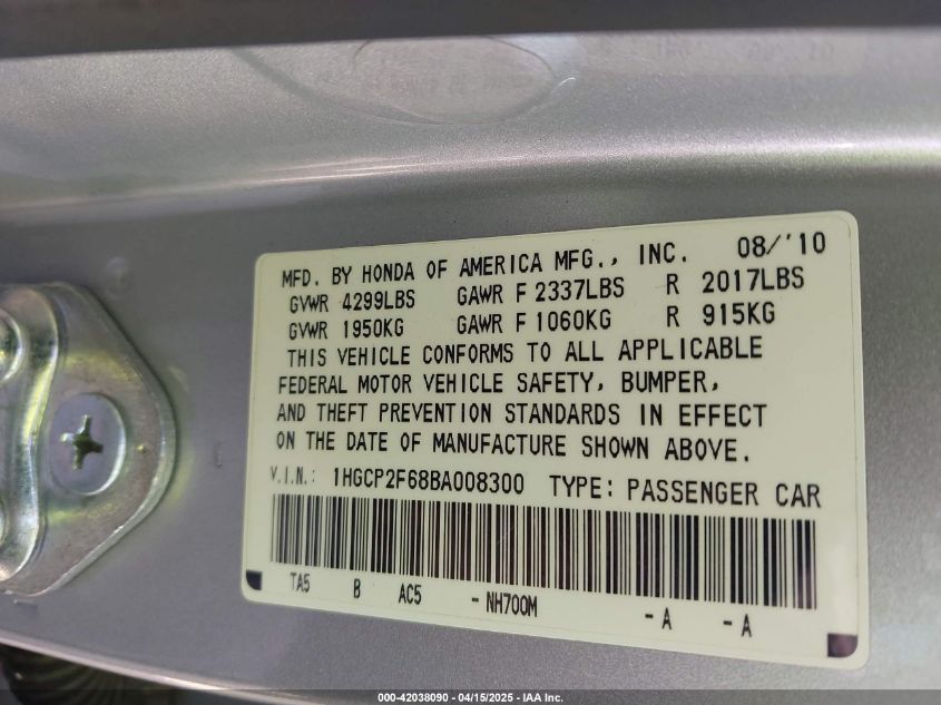 2011 Honda Accord Se VIN: 1HGCP2F68BA008300 Lot: 52920104