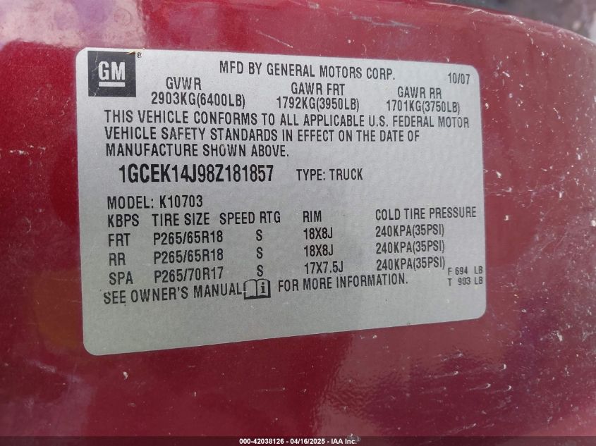 2008 Chevrolet Silverado 1500 Lt1 VIN: 1GCEK14J98Z181857 Lot: 42038126