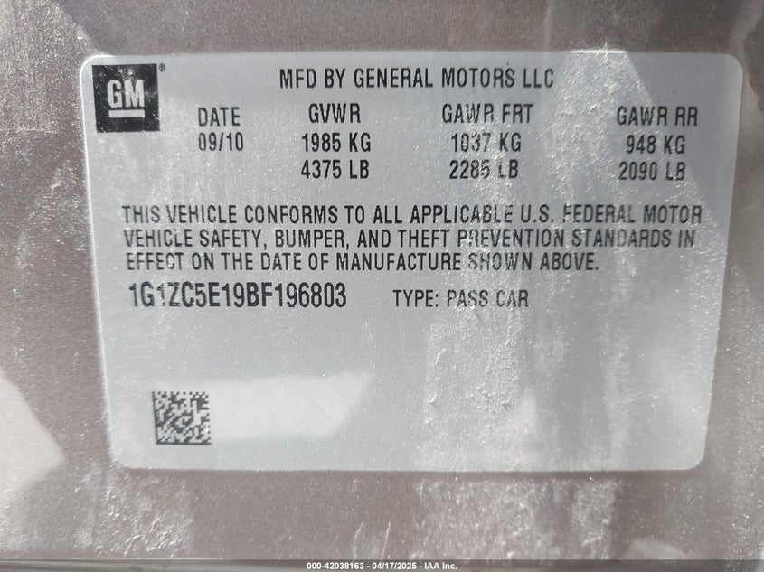 2011 CHEVROLET MALIBU VIN: 1G1ZC5E19BF196803