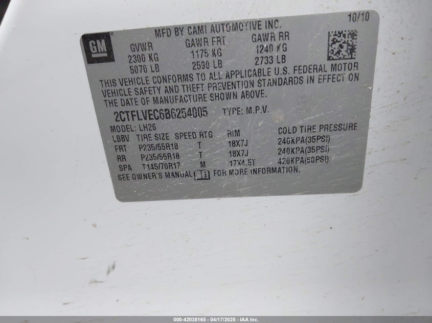 2011 GMC TERRAIN VIN: 2CTFLVEC6B6254005