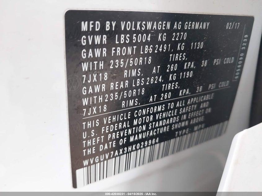 VIN WVGUV7AX3HK029964 2017 VOLKSWAGEN TIGUAN 2.0T SPORT
