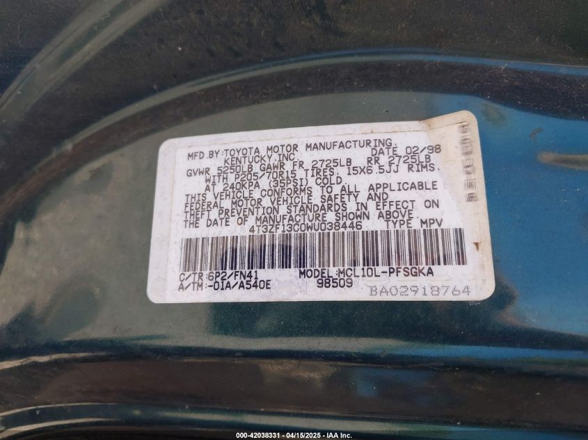 1998 Toyota Sienna Le VIN: 4T3ZF13C0WU038446 Lot: 42038331