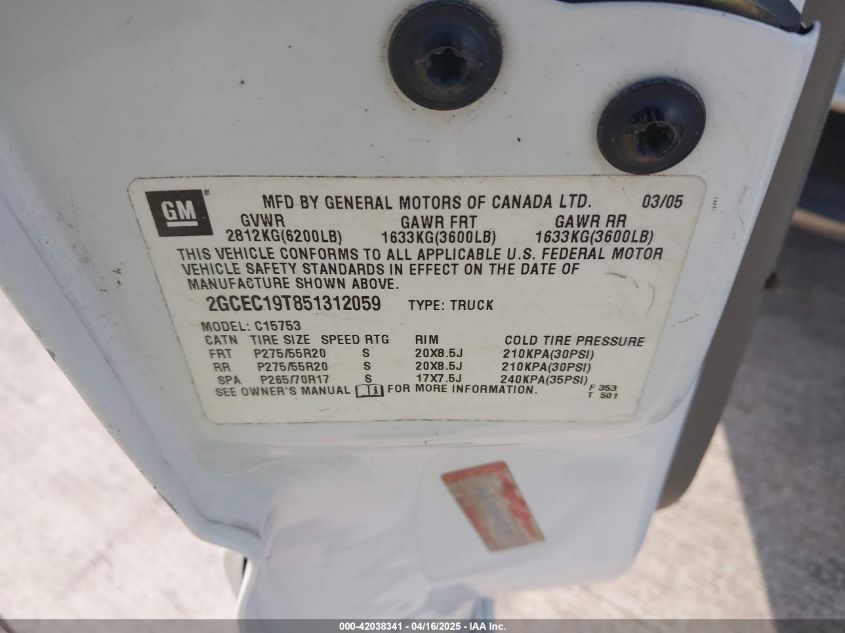 2005 Chevrolet Silverado 1500 Lt VIN: 2GCEC19T851312059 Lot: 42038341