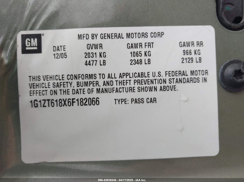 2006 CHEVROLET MALIBU MAXX VIN: 1G1ZT618X6F182066