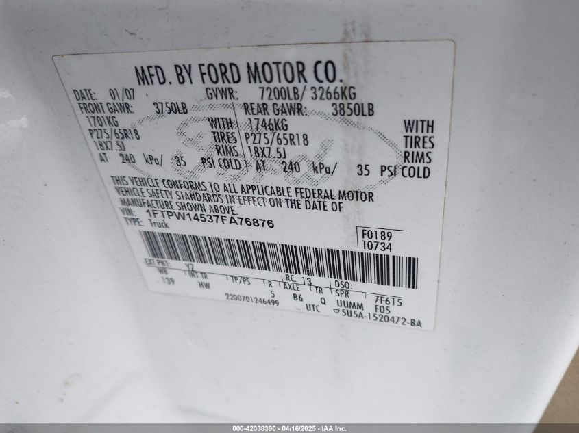 2007 Ford F-150 Fx4/Lariat/Xlt VIN: 1FTPW14537FA76876 Lot: 42038390