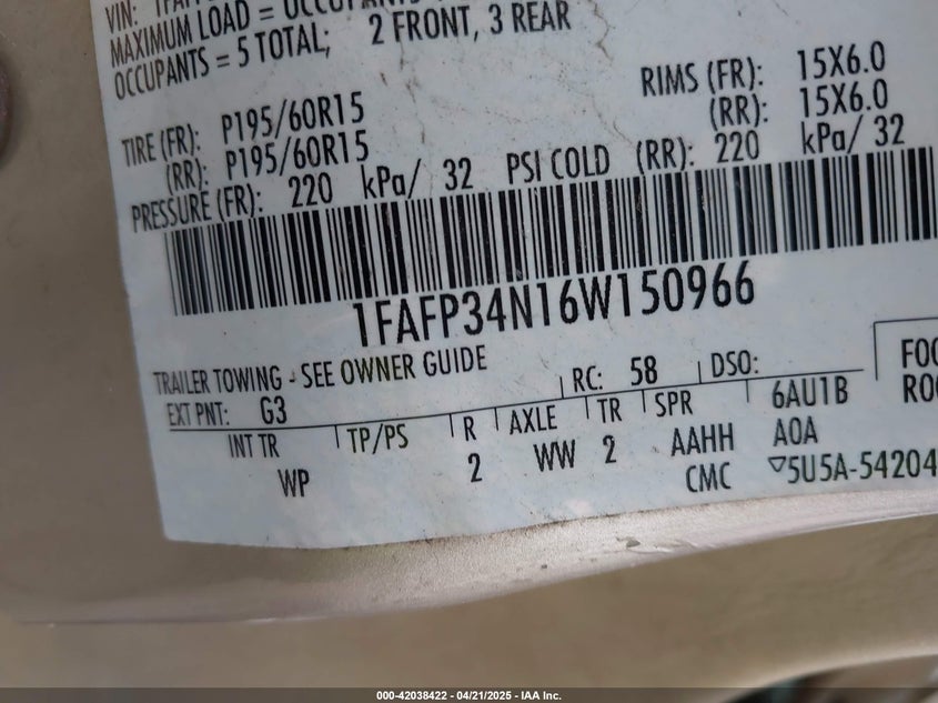 2006 FORD FOCUS VIN: 1FAFP34N16W150966
