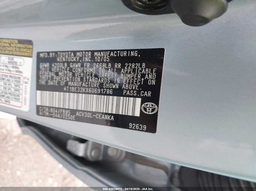 2006 TOYOTA CAMRY VIN: 4T1BE32KX6U691786