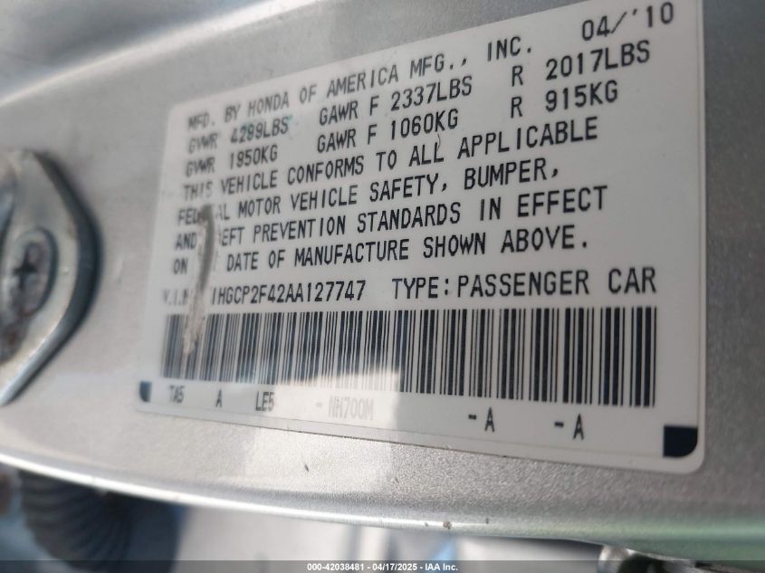 2010 Honda Accord 2.4 Lx-P VIN: 1HGCP2F42AA127747 Lot: 42038481