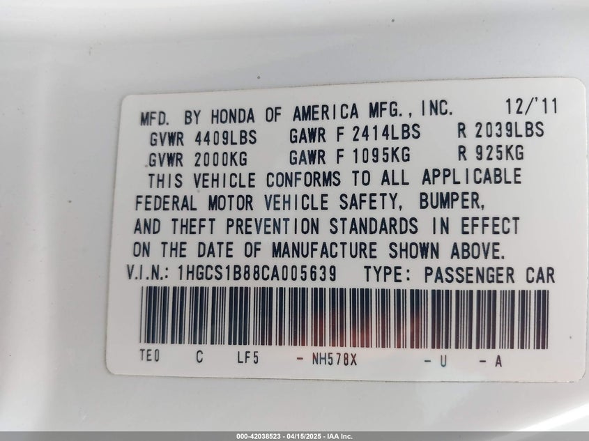 2012 HONDA ACCORD VIN: 1HGCS1B88CA005639