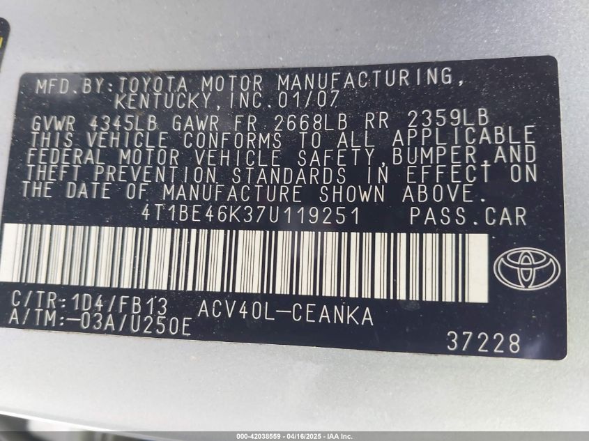 2007 Toyota Camry Le VIN: 4T1BE46K37U119251 Lot: 42038559