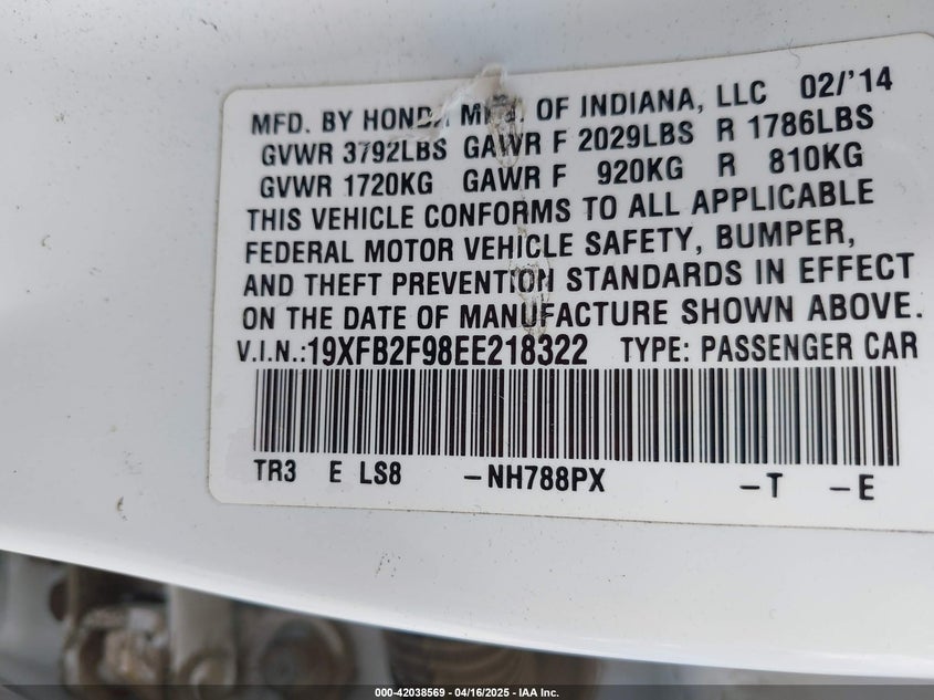 2014 HONDA CIVIC VIN: 19XFB2F98EE218322