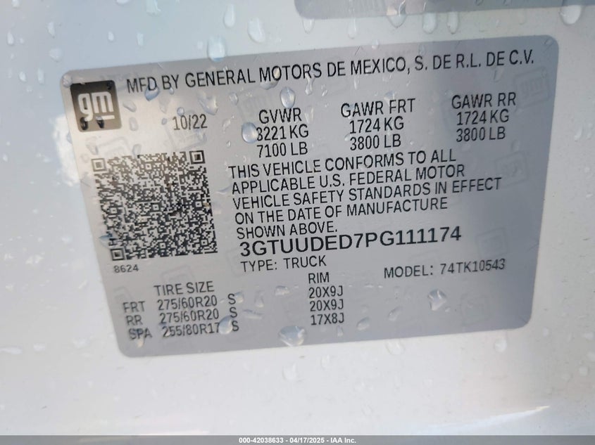 2023 GMC SIERRA 1500 VIN: 3GTUUDED7PG111174