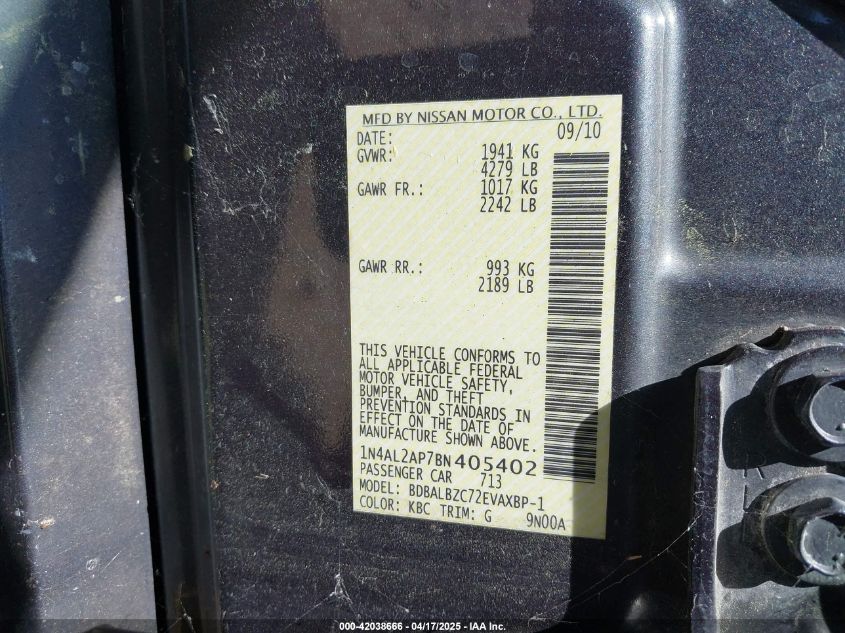 2011 Nissan Altima 2.5 S VIN: 1N4AL2AP7BN405402 Lot: 42038666