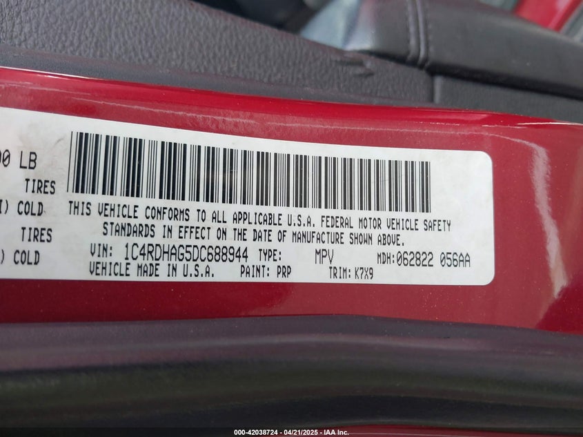 2013 DODGE DURANGO VIN: 1C4RDHAG5DC688944
