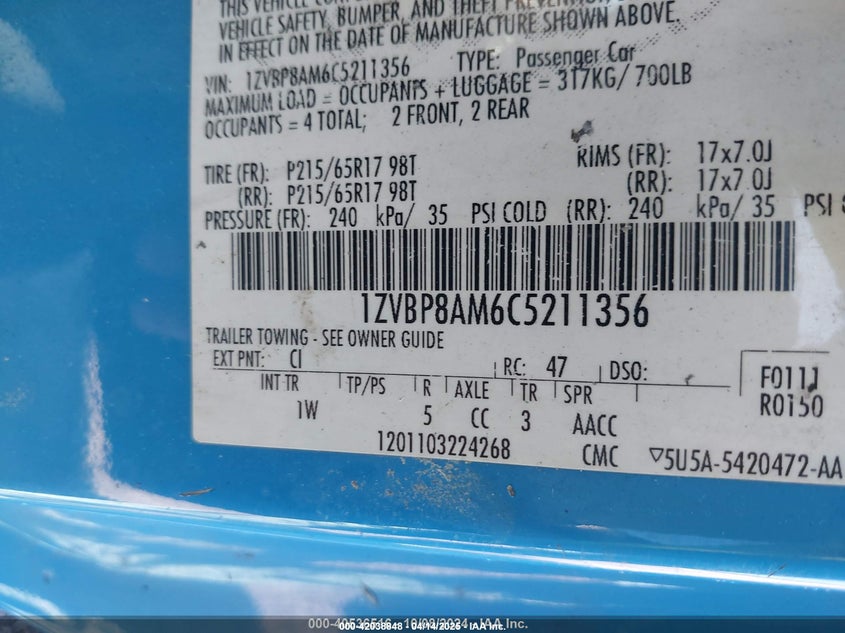 2012 Ford Mustang V6 VIN: 1ZVBP8AM6C5211356 Lot: 42038848