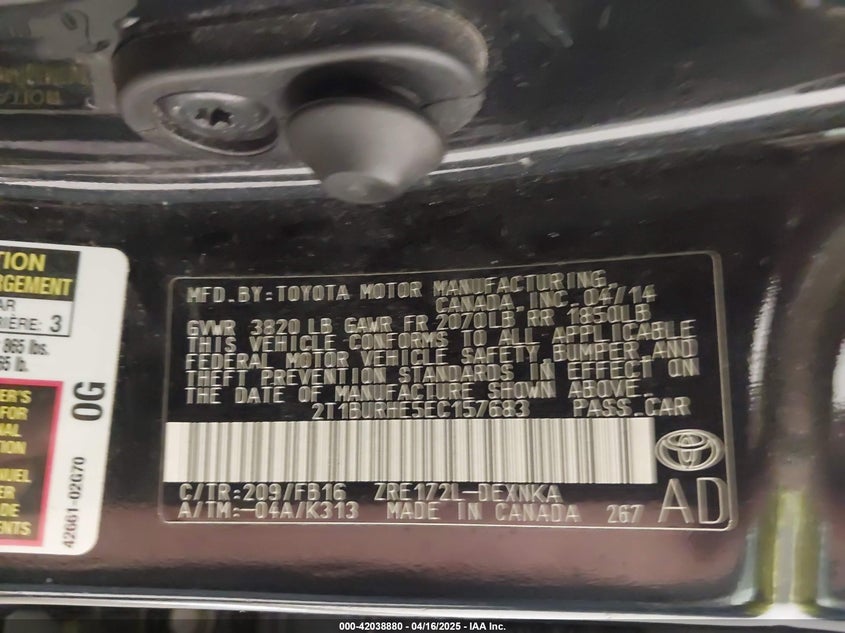 2014 TOYOTA COROLLA VIN: 2T1BURHE5EC157683