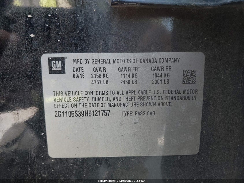 2017 CHEVROLET IMPALA VIN: 2G1105S39H9121757