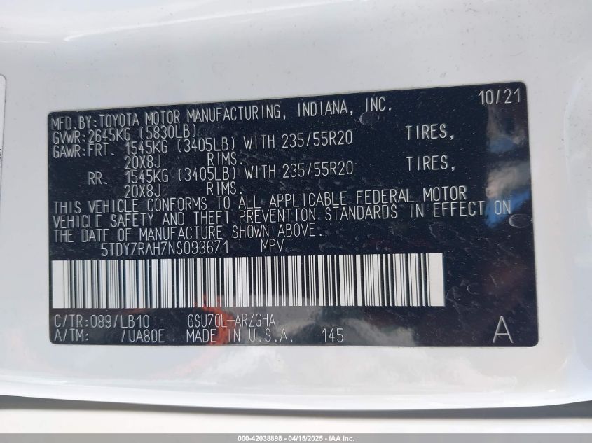 2022 Toyota Highlander - 5TDYZRAH7NS093671