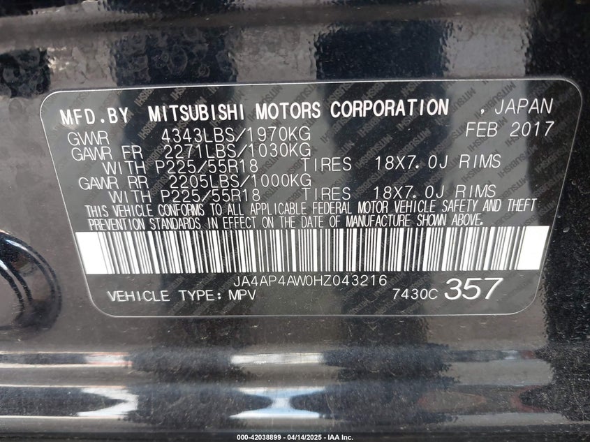 2017 Mitsubishi Outlander Sport 2.4 Sel VIN: JA4AP4AW0HZ043216 Lot: 42038899