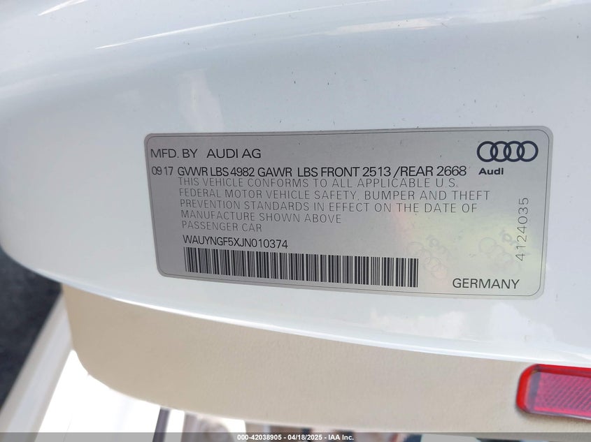 2018 AUDI A5 VIN: WAUYNGF5XJN010374