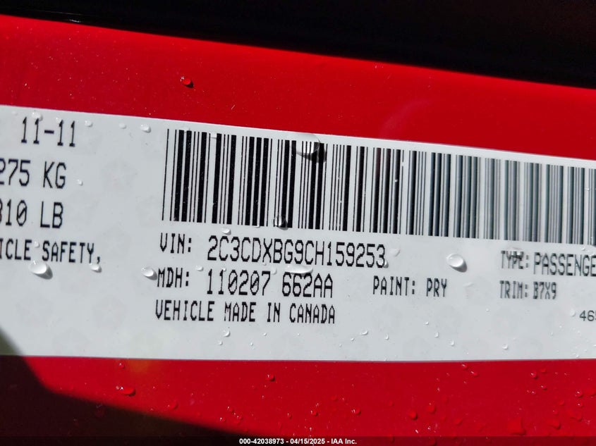 2012 DODGE CHARGER VIN: 2C3CDXBG9CH159253