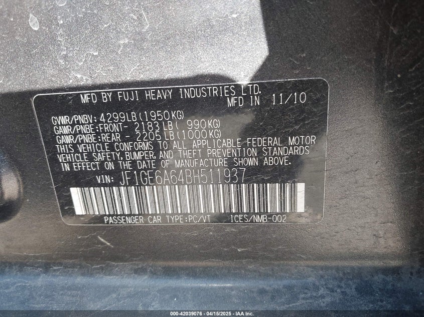 2011 Subaru Impreza 2.5I VIN: JF1GE6A64BH511937 Lot: 42039076