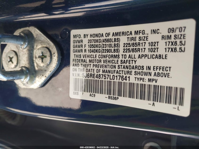 2007 HONDA CR-V VIN: 5J6RE48757L017641