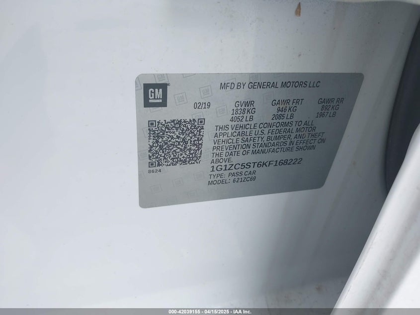 2019 CHEVROLET MALIBU 1FL - 1G1ZC5ST6KF168222