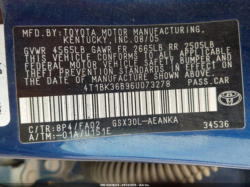 2006 TOYOTA AVALON VIN: 4T1BK36B96U073278