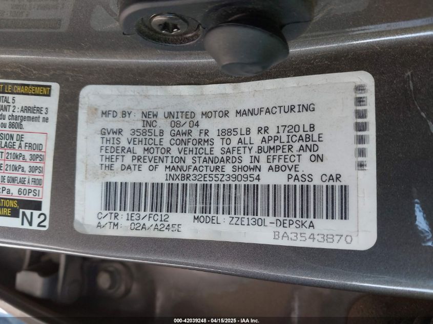 2005 Toyota Corolla Ce/Le/S VIN: 1NXBR32E55D390954 Lot: 42039248