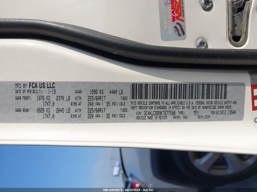 2019 Jeep Compass Latitude Fwd VIN: 3C4NJCBB9KT677508 Lot: 42039275