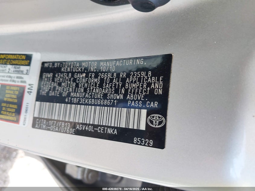 2011 TOYOTA CAMRY VIN: 4T1BF3EK6BU668671