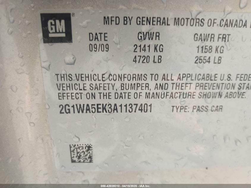 2010 CHEVROLET IMPALA VIN: 2G1WA5EK3A1137401
