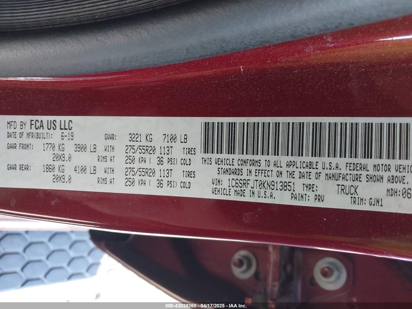 2019 RAM 1500 LARAMIE  4X4 5'7 BOX - 1C6SRFJT0KN913851