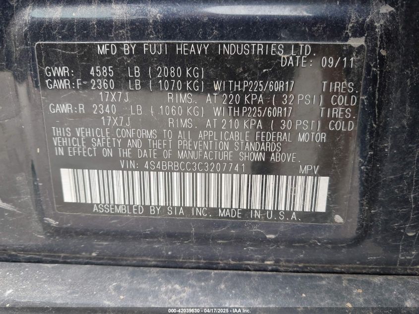 2012 Subaru Outback 2.5I Premium VIN: 4S4BRBCC3C3207741 Lot: 42039530