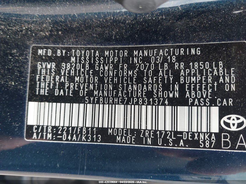 2018 TOYOTA COROLLA LE - 5YFBURHE7JP831374