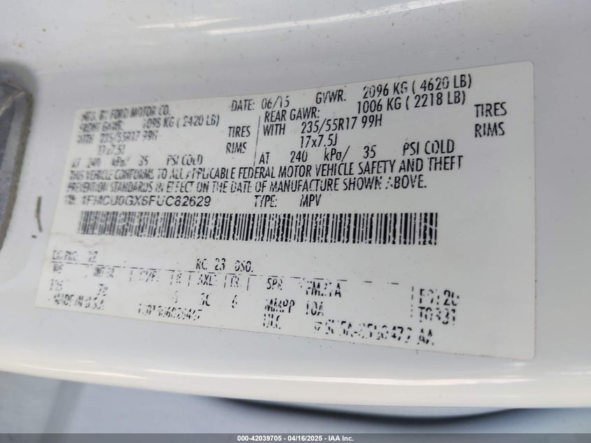 2015 FORD ESCAPE VIN: 1FMCU0GX6FUC82629