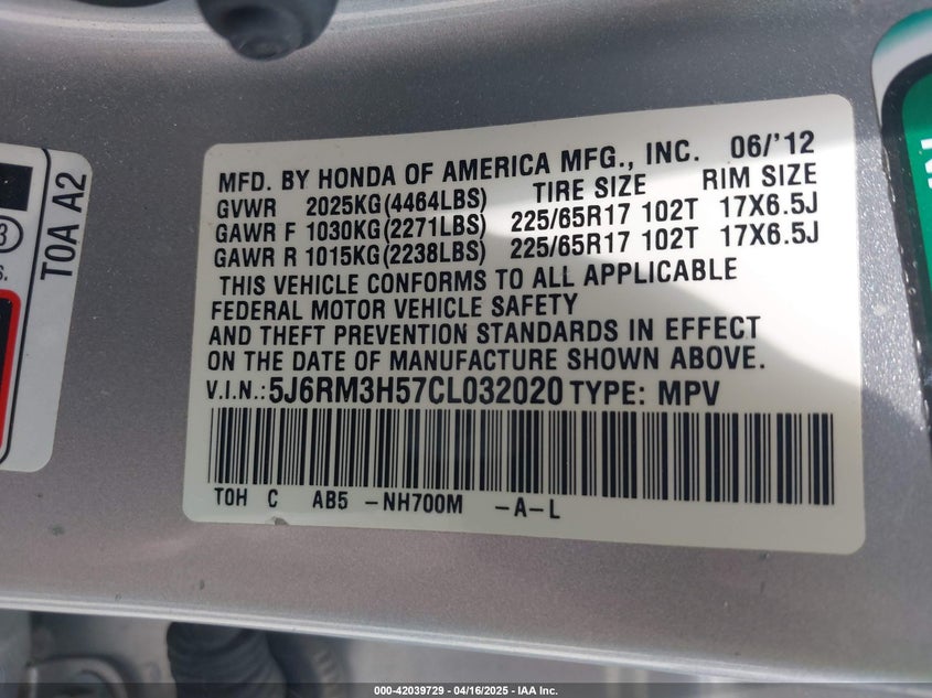 2012 HONDA CR-V VIN: 5J6RM3H57CL032020