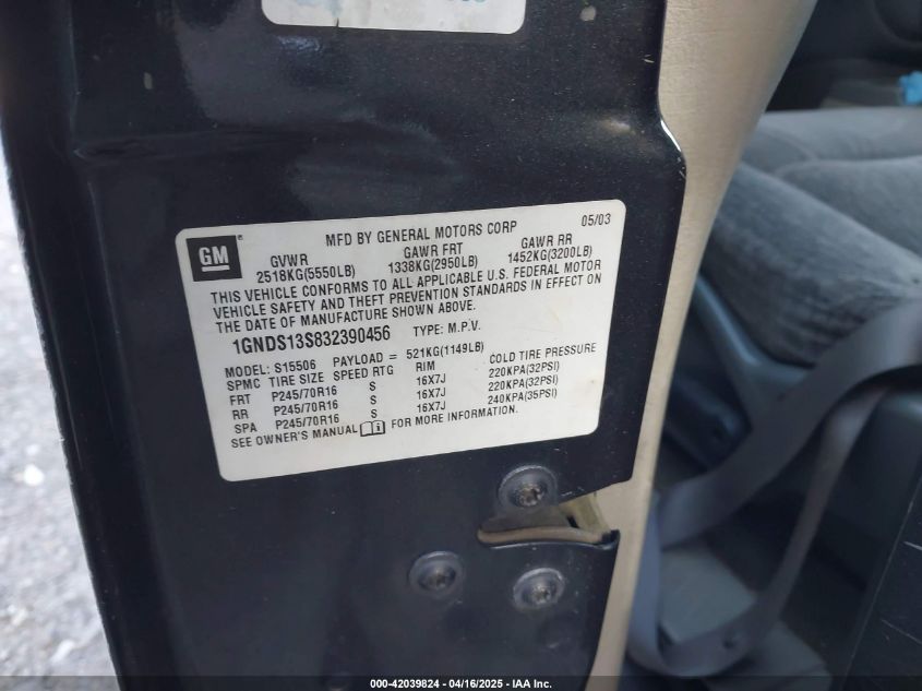 2003 Chevrolet Trailblazer Ls VIN: 1GNDS13S832390456 Lot: 42039824