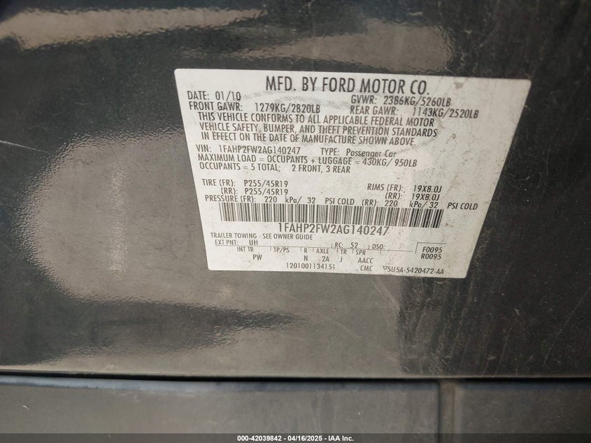 2010 FORD TAURUS VIN: 1FAHP2FW2AG140247