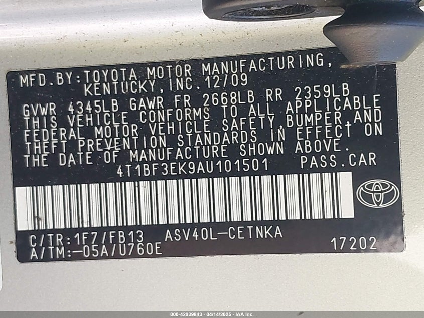 2010 TOYOTA CAMRY VIN: 4T1BF3EK9AU101501
