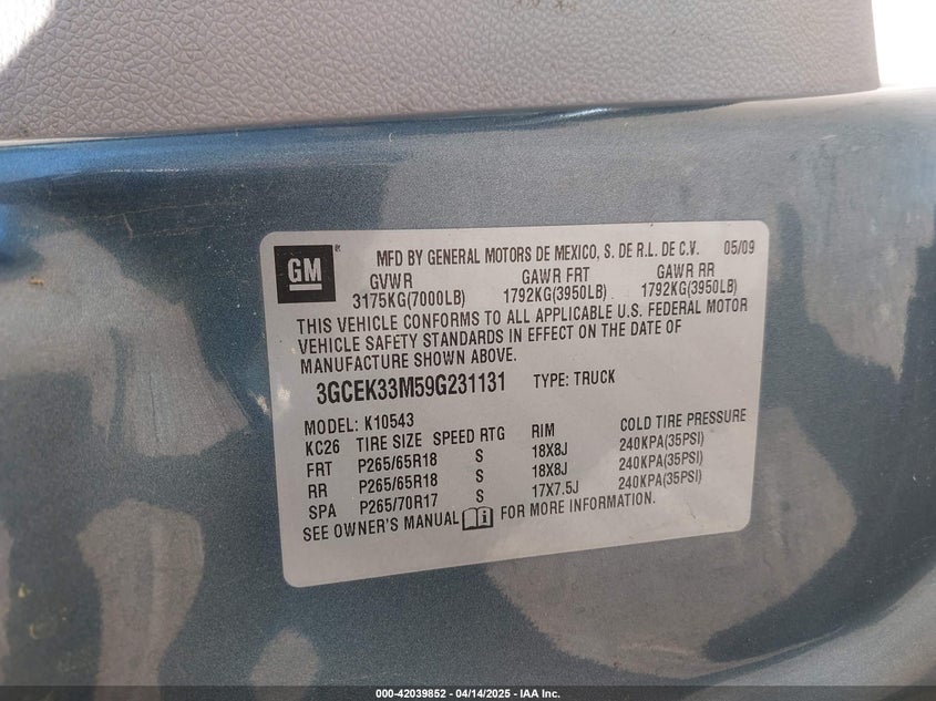 2009 CHEVROLET SILVERADO 1500 VIN: 3GCEK33M59G231131