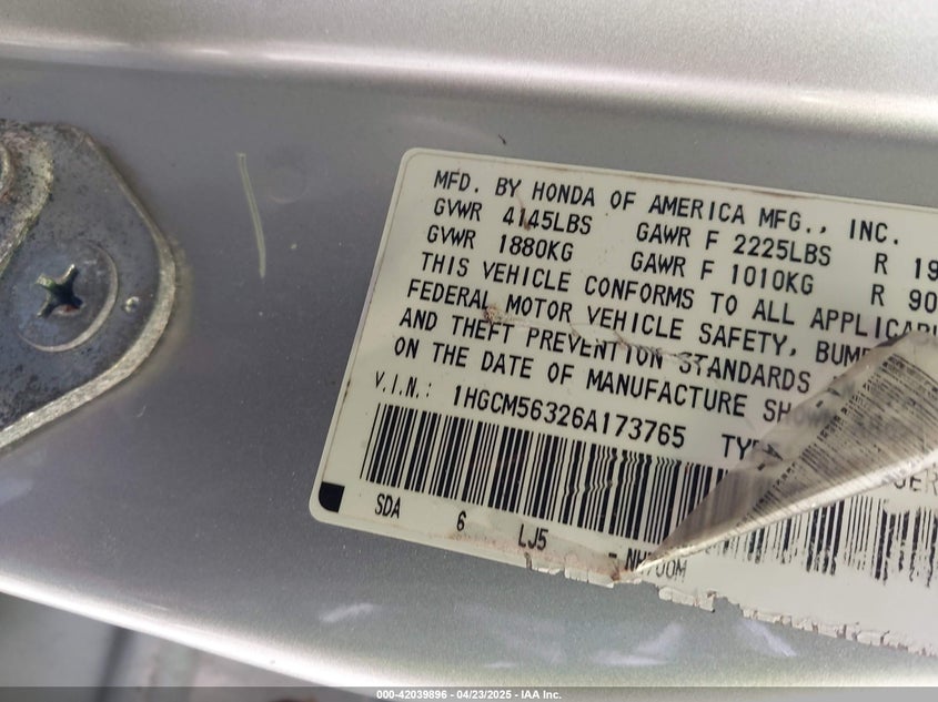 2006 HONDA ACCORD VIN: 1HGCM56326A173765