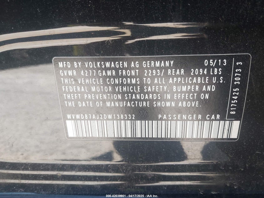 2013 VOLKSWAGEN GOLF VIN: WVWDB7AJ2DW138332