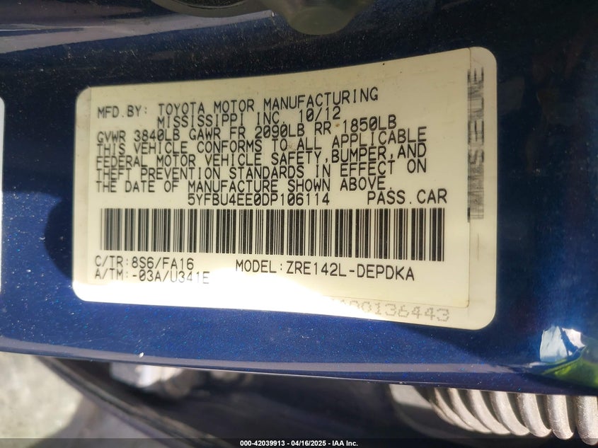 2013 TOYOTA COROLLA VIN: 5YFBU4EE0DP106114